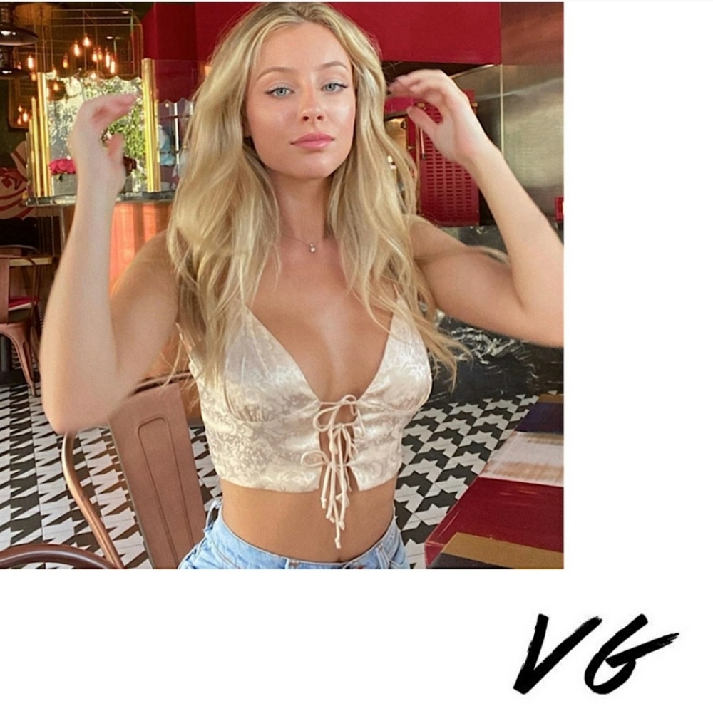 Metallic verge girl bow tie floral rosemilk style cami crop top